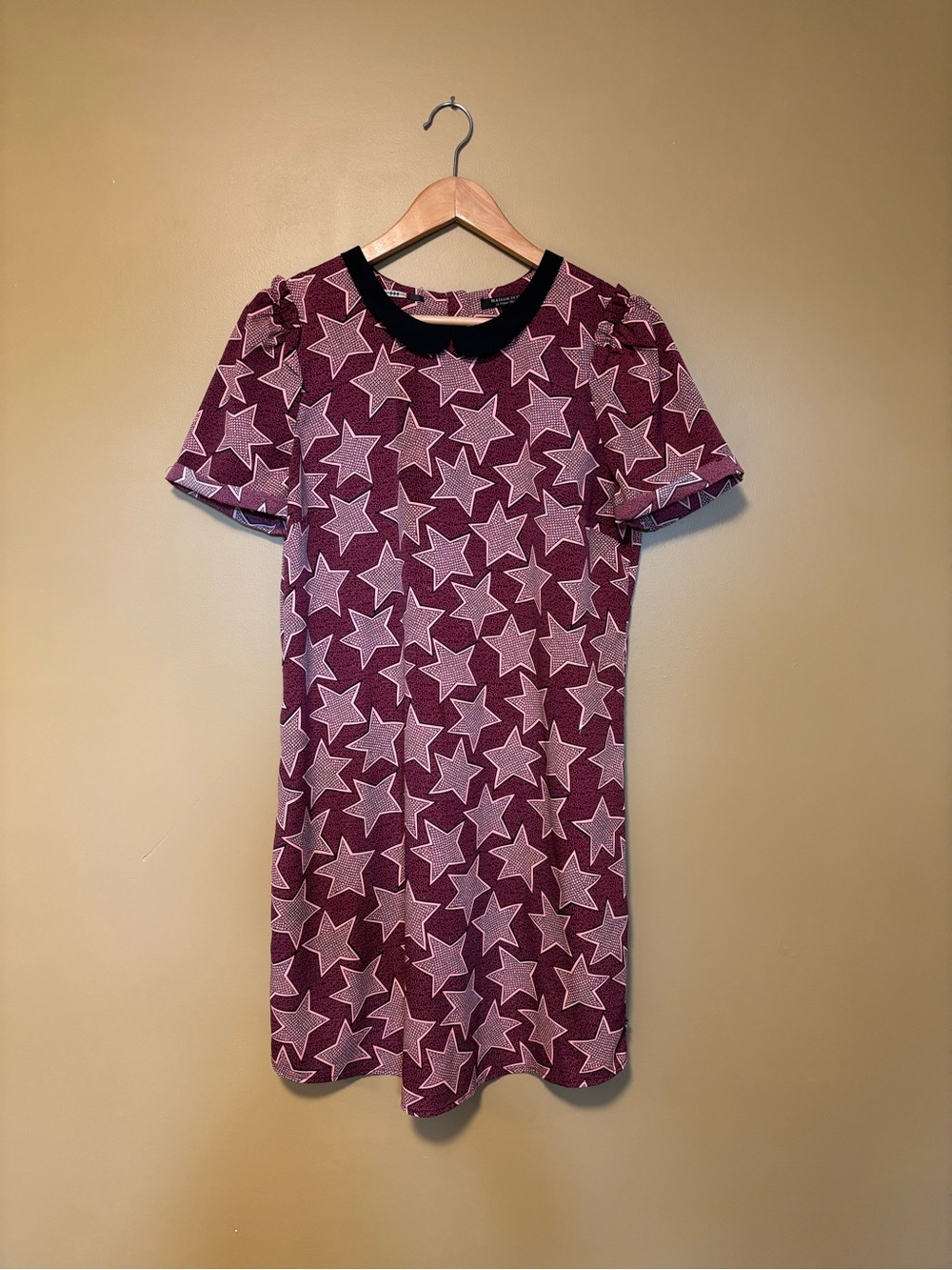 Maison Scotch Star-Print Maroon and Pink Dress with Peter Pan Collar